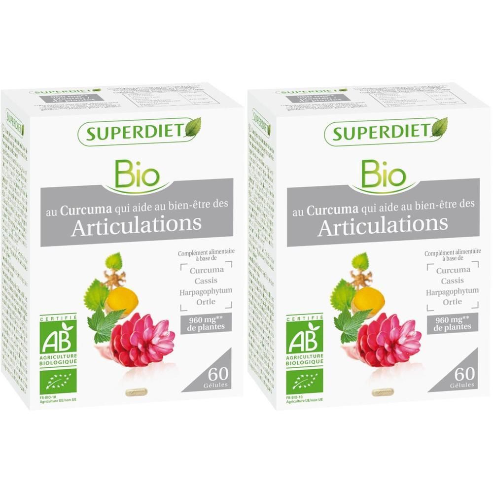 Twee dozen Super Diet Bio. Opschrift: au Curcuma qui aide au bien-être des Articulations. Met AB-Bio-label en 60 capsules.
