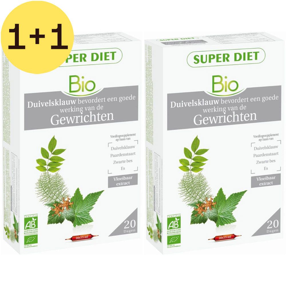 Deux boîtes blanches avec texte. "SUPER DIET Bio" en haut. Texte: "Duivelsklauw bevordert een goede werking van de Gewrichten".
