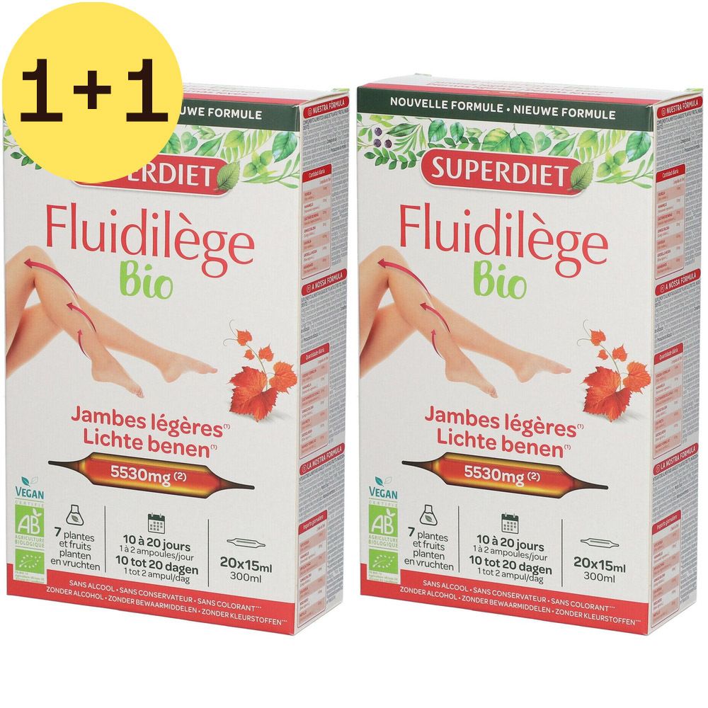 Deux boîtes de produit Superdiet Fluidilège Bio. Avec autocollant 1+1 gratuit. Inscription Jambes légères. Label Vegan.