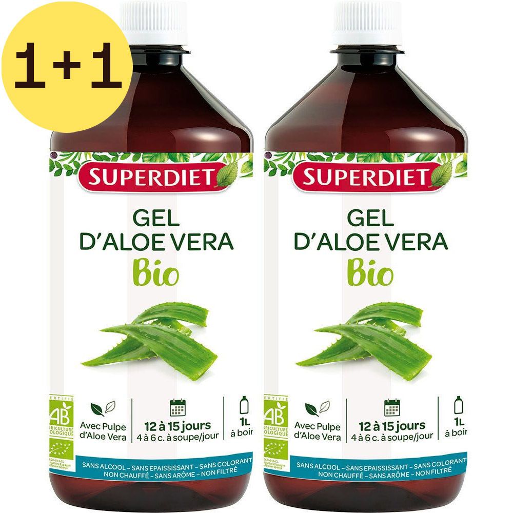 Twee flessen Superdiet Gel d'Aloe Vera Bio. Met 1+1 gratis sticker. AB-logo. Inhoud 1L. Informatie over ingrediënten en gebruik.