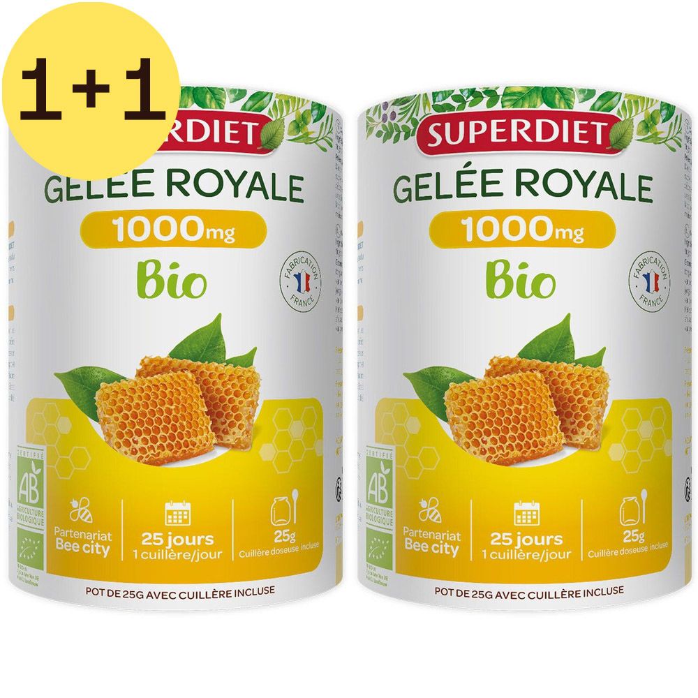 Deux boîtes de Gelée Royale Bio. Inscription : 1000mg, Bio. Illustration de rayons de miel. Offre 1+1 gratuit. Certification AB. Fabriqué en France.