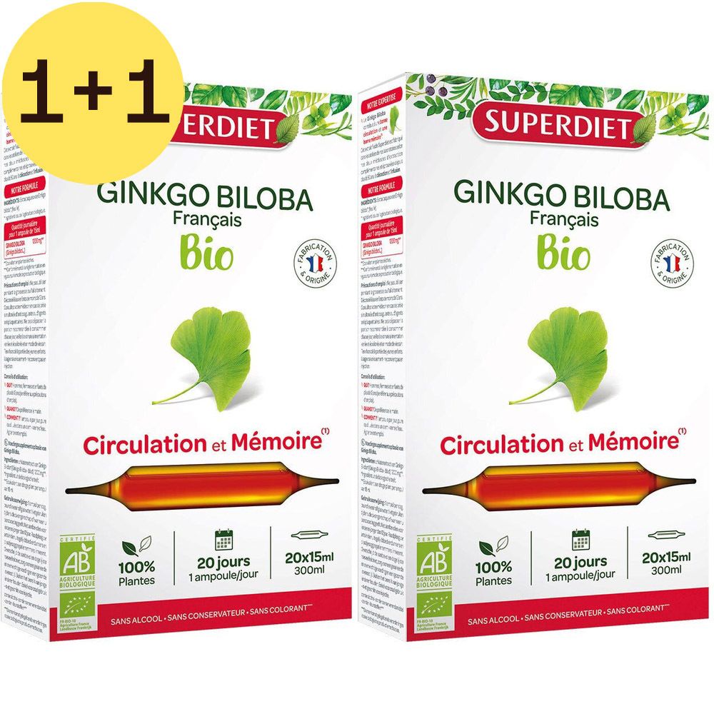 Twee dozen Superdiet Ginkgo Biloba Bio. Opschrift: Circulation et Mémoire. Met 1+1 gratis sticker.
