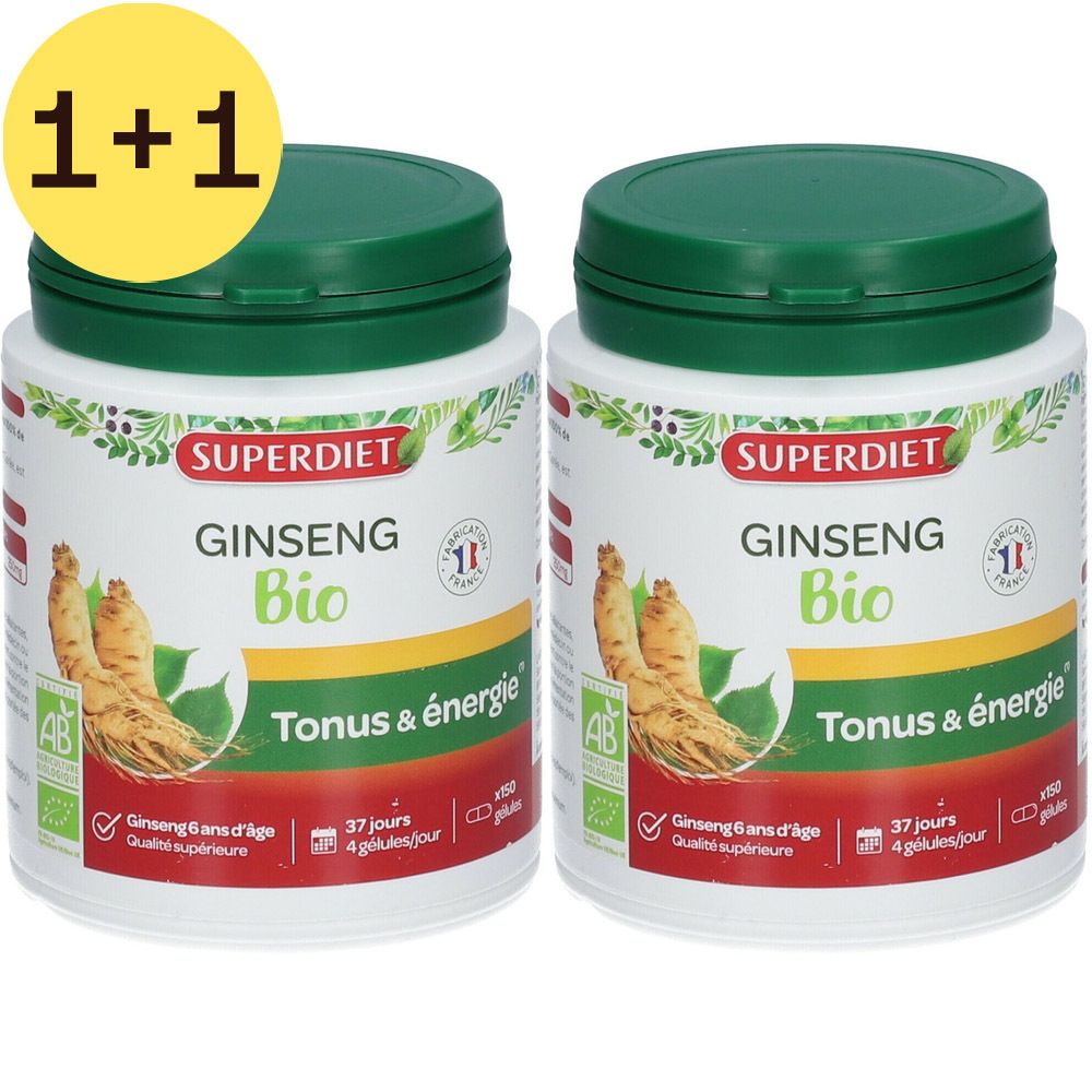 Deux pots blancs avec couvercles verts. Inscription: SUPERDIET GINSENG Bio. Étiquette jaune "1+1".