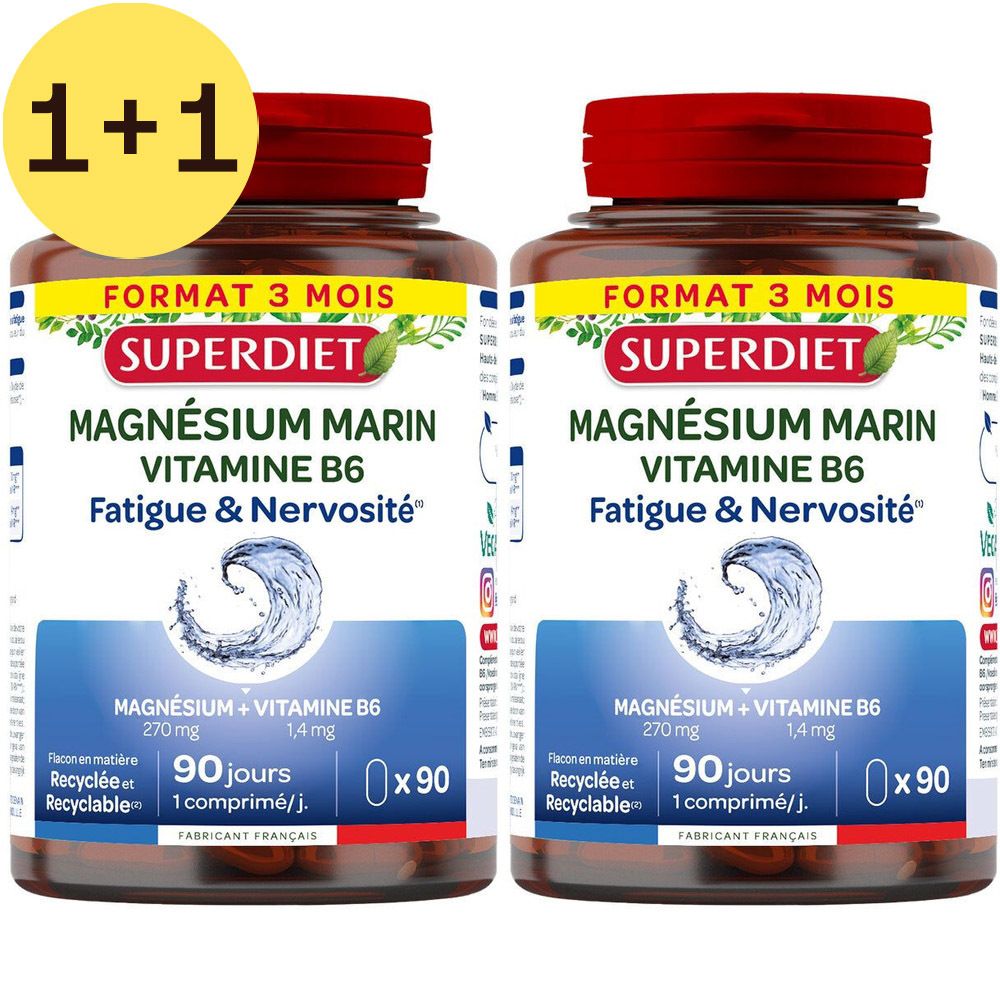 Twee flessen Superdiet Magnésium Marin + Vitamine B6. Rode doppen, witte etiketten. Gele cirkel met "1+1". 