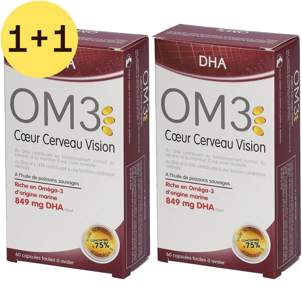 Deux boîtes de OM3 Cœur Cerveau Vision. Inscription : DHA, Oméga-3, 849 mg DHA. Avec autocollant 1+1 gratuit.