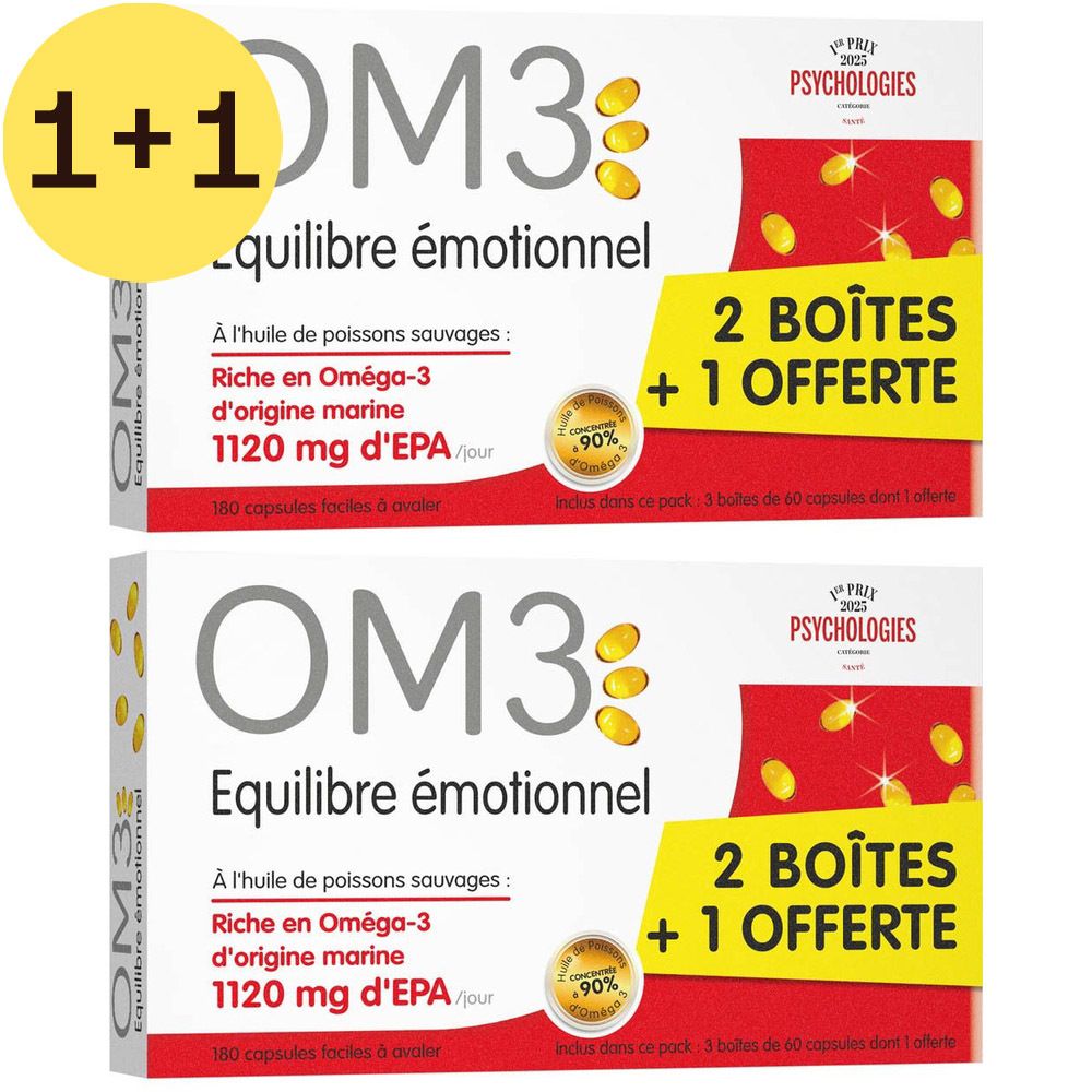 Twee witte dozen met tekst OM3, 2 BOITES + 1 OFFERTE, 1+1. Bevat capsules.