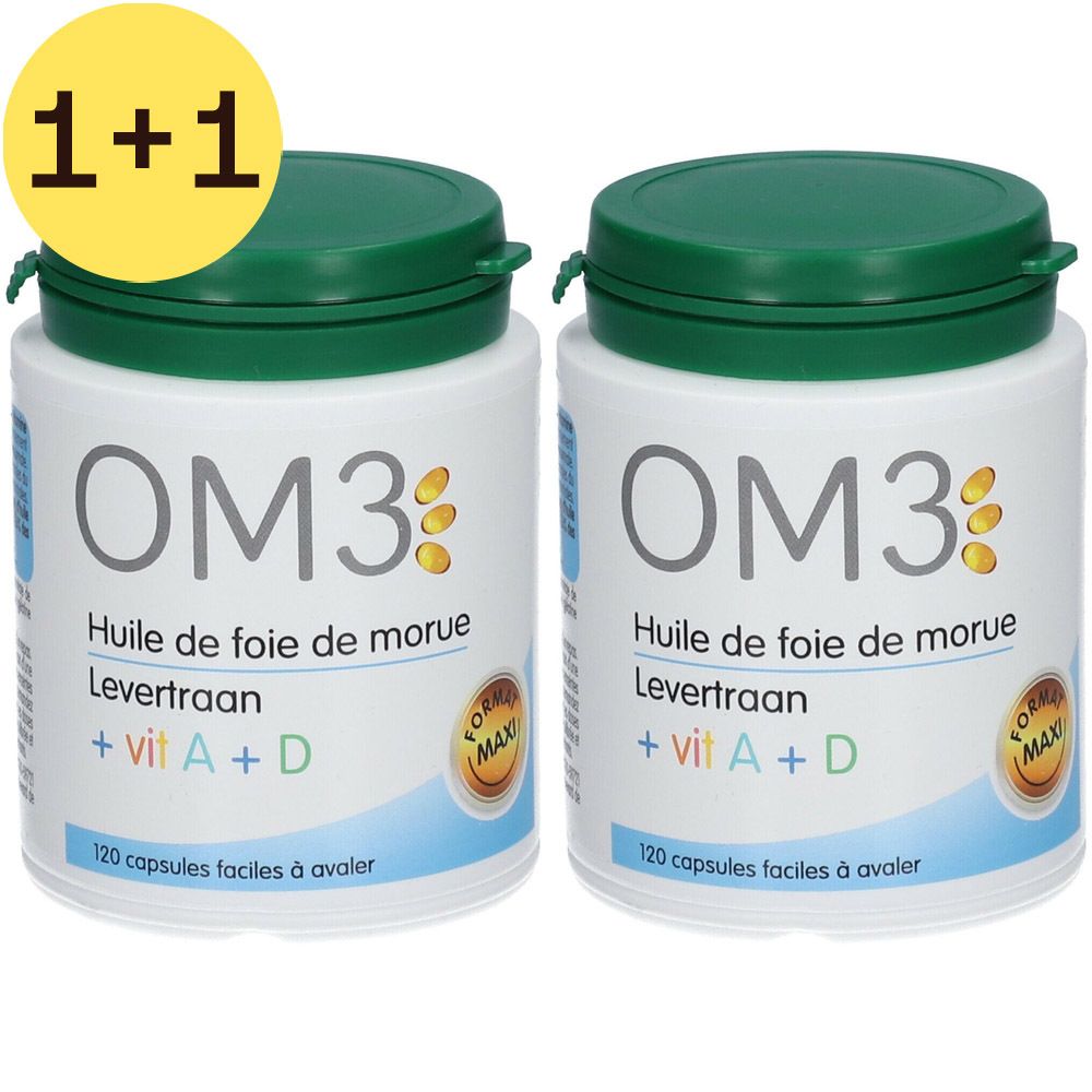 Twee witte potten met groene deksels. Opschrift OM3, Huile de foie de morue, + vit A + D. Geel 1+1 symbool.