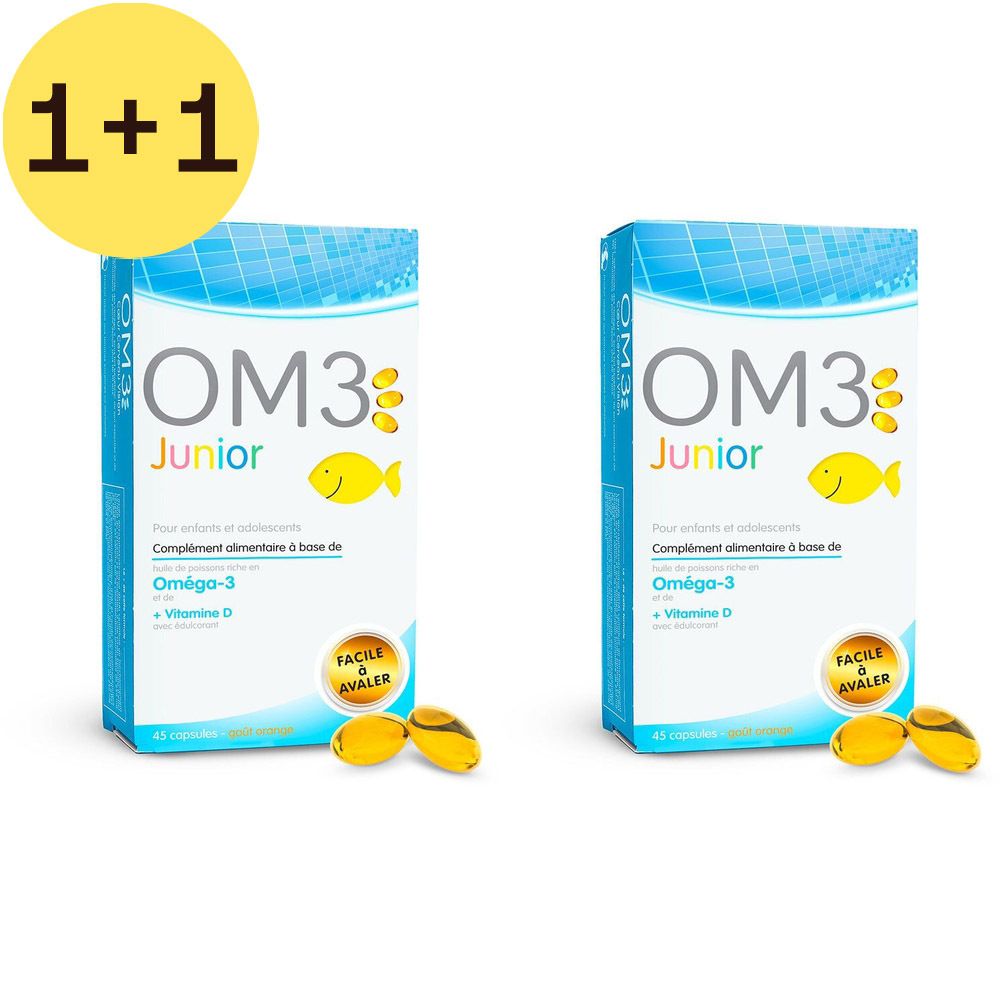 Deux boîtes OM3 Junior avec illustrations de poissons et gélules. Inscription : Oméga-3 + Vitamine D. Étiquette jaune 1+1.