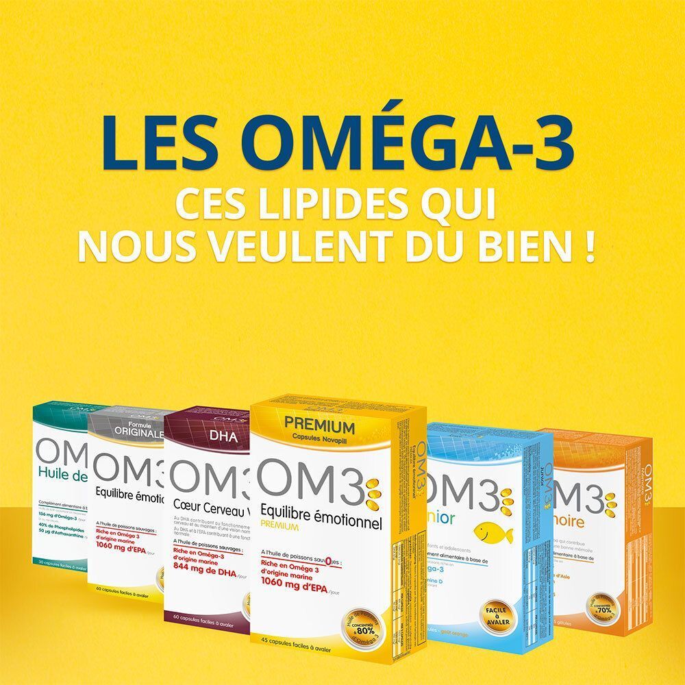 Différents emballages de produits OM3. Produits pour enfants et adultes. Emballages bleus, rouges, marrons et oranges.