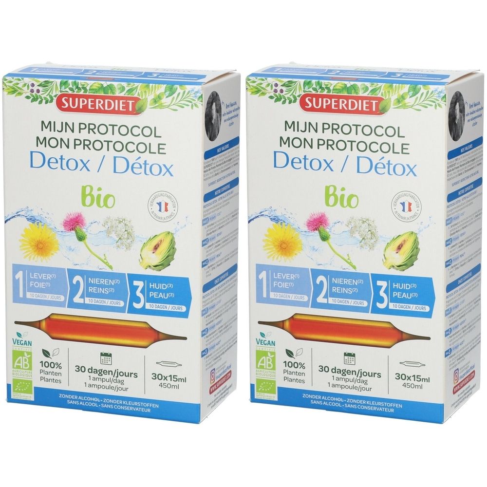Deux boîtes de produit. Inscription: Superdiet, Detox, Bio. Symbole 1+1 en jaune. Label Vegan.