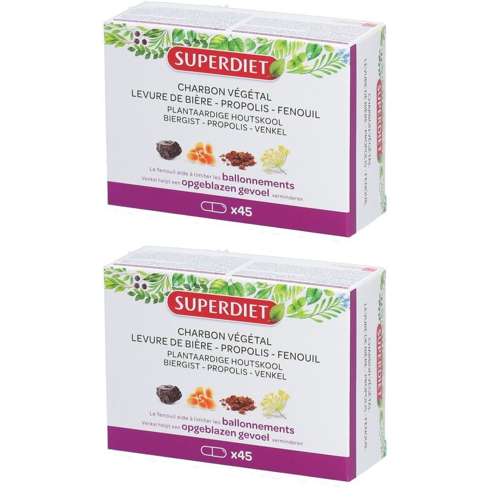 Twee dozen met productopdrukken. Opschrift: Superdiet, Charbon végétal, Levure de bière, Propolis, Fenouil. x45 capsules.