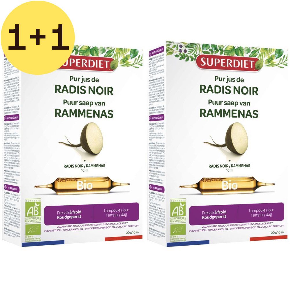 Twee productdozen. Linksboven: 1+1. Opschrift: Superdiet, Radis Noir, Bio-certificering, ampullen.