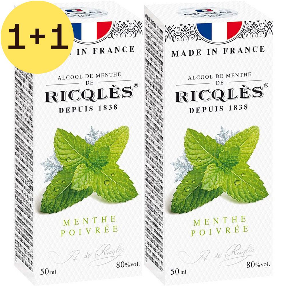 Deux boîtes blanches de Ricqlès Alcool de Menthe. Menthe poivrée, 1+1 gratuit, 80% vol. Fabriqué en France.