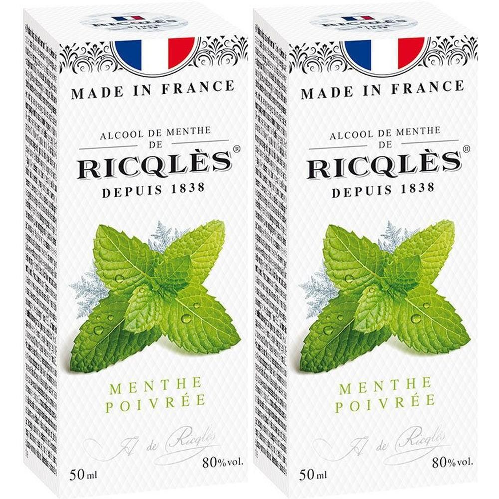 Twee dozen met productafbeelding. Opschrift: Made in France, Ricqlès, Alcool de Menthe, Depuis 1838, Pepermunt, 80% vol.