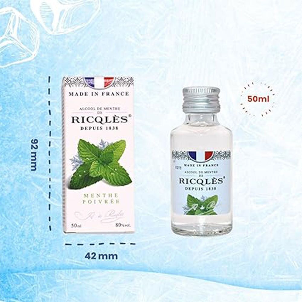 Product met fles en doos. Afmetingen: 92 mm hoog, 42 mm breed. Opschrift: Ricqlès, Alcool de Menthe, 50ml.