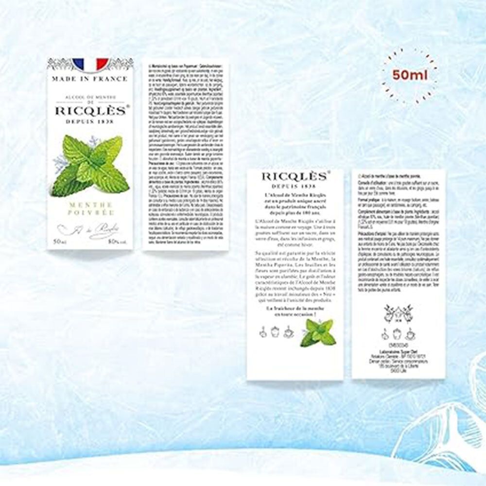 Twee productverpakkingen met tekst. Opschrift: Ricqlès, Alcool de Menthe, Depuis 1838. Informatie over het product.