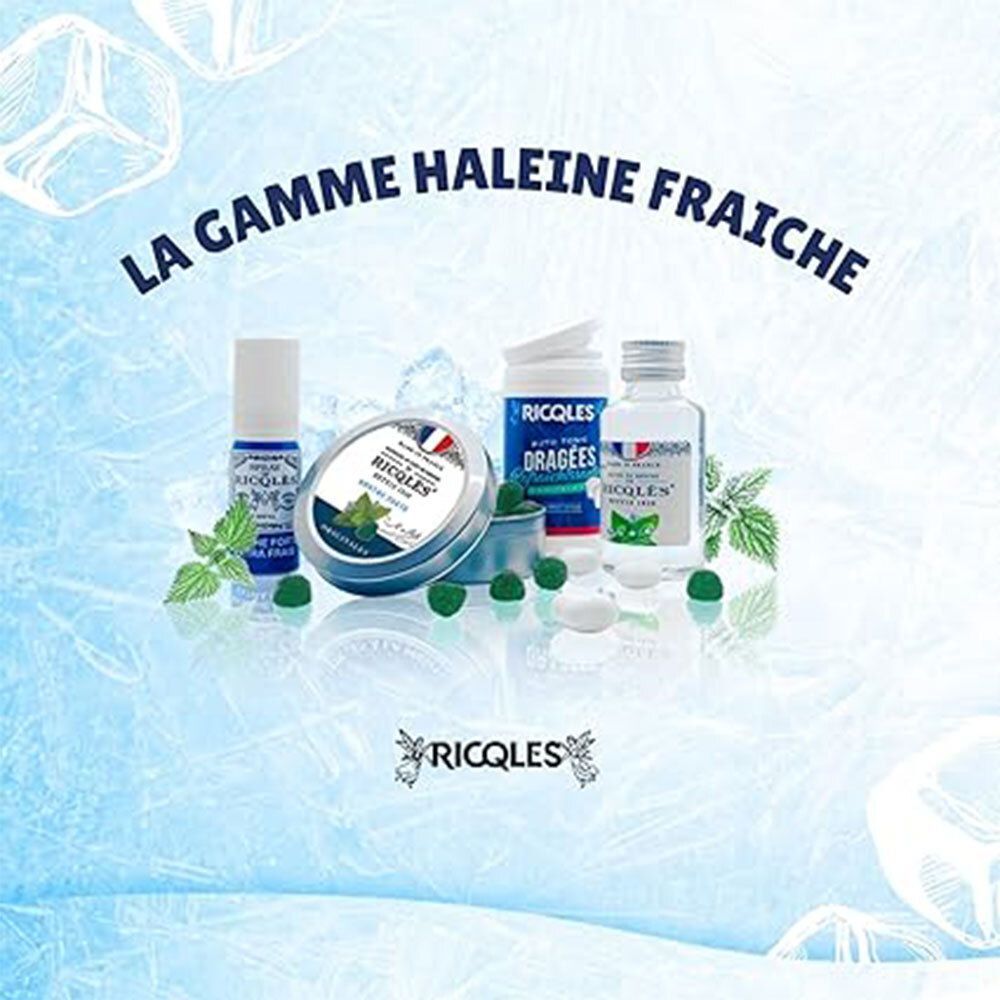 Verschillende producten. Opschrift: La gamme haleine fraîche. Producten in flessen, doos en dragees.