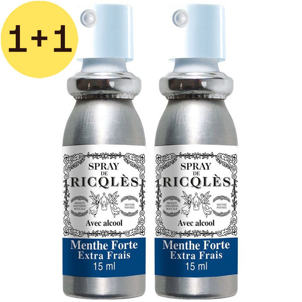 Twee sprays met zilverkleurige flacons en blauwe opschriften. Opschrift: Spray de Ricqlès Menthe Forte Extra Frais, 15 ml. Geel 1+1 symbool.