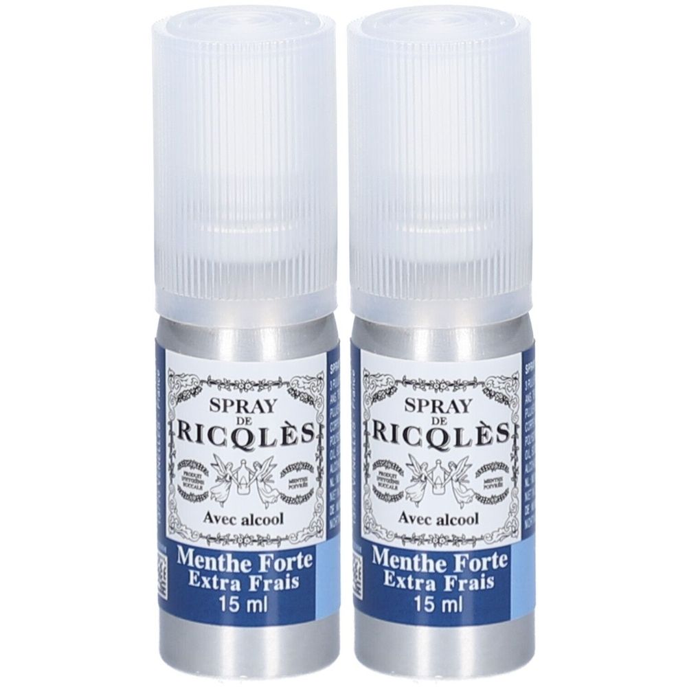 Twee sprays met witte doppen. Opschrift: Spray de Ricqlès Menthe Forte Extra Frais, 15 ml.