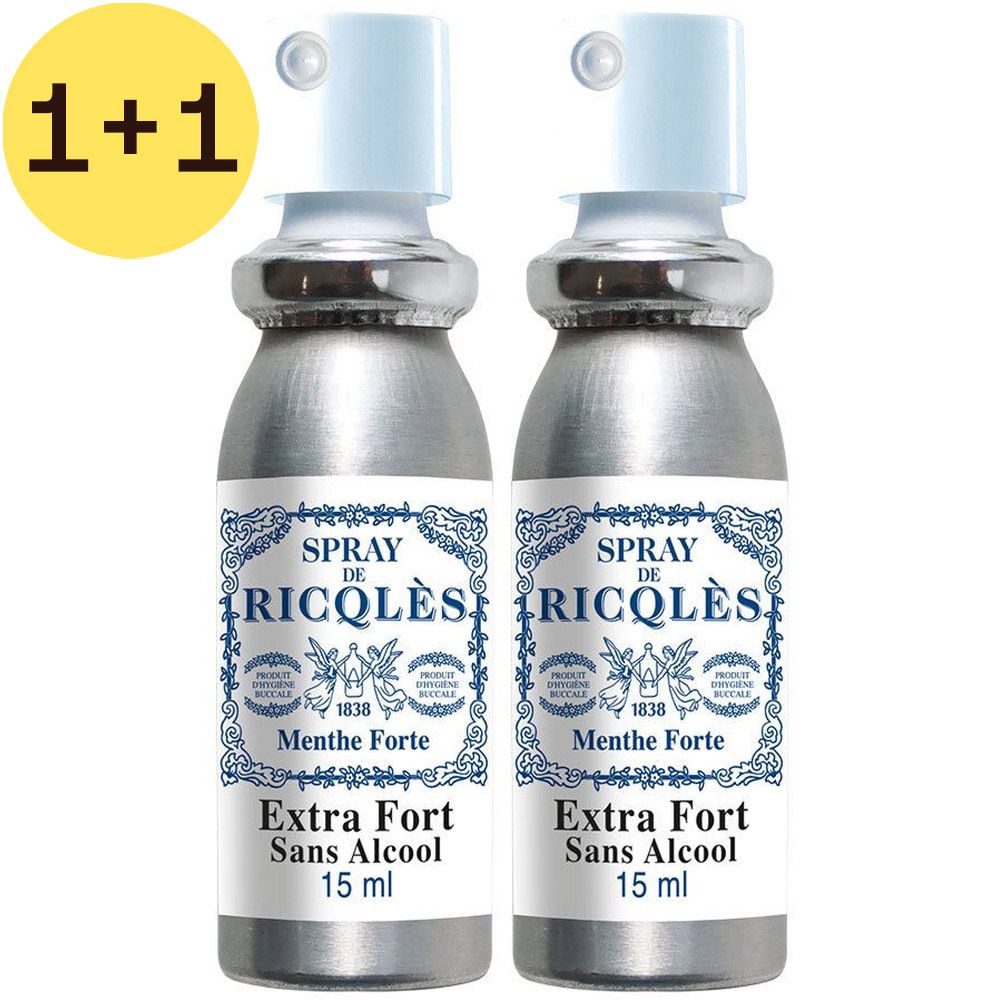 Twee sprays met blauwe tekst. Opschrift: Spray de Ricqlès, Menthe Forte, Extra Fort Sans Alcool. Gele cirkel met "1+1".