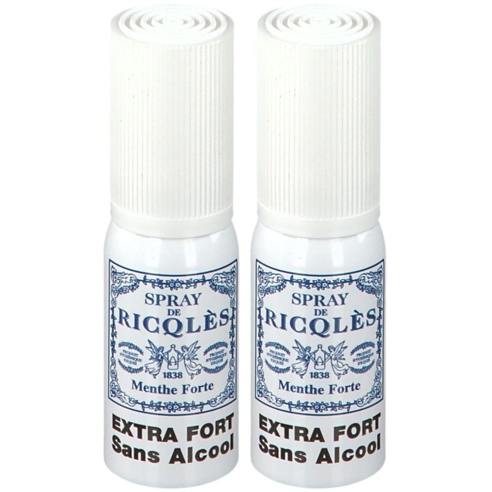 Twee witte spuitflessen met blauw etiket. Opschrift: Spray de Ricqlès, Menthe Forte, Extra Fort, Sans Alcool.