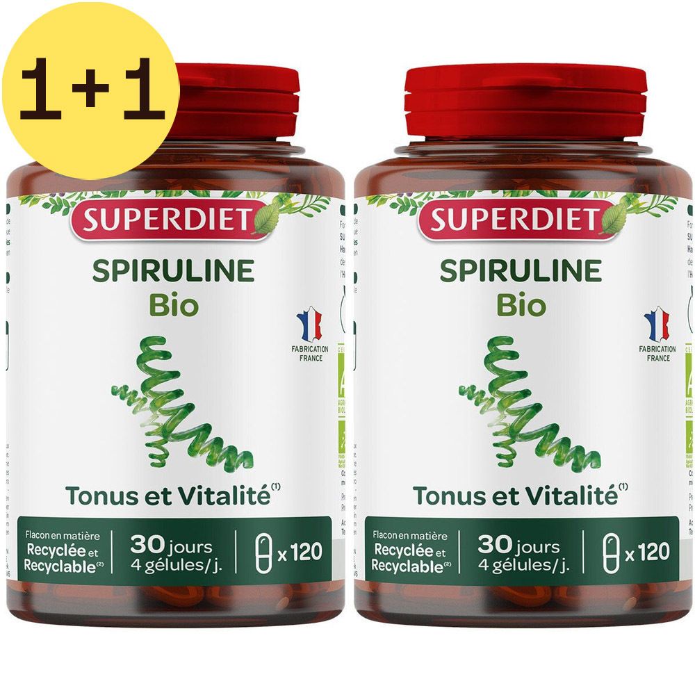 Deux flacons de Superdiet Spiruline Bio. Bouchons rouges, flacons bruns. Inscription : Spiruline Bio, Tonus et Vitalité. Offre 1+1 gratuite.