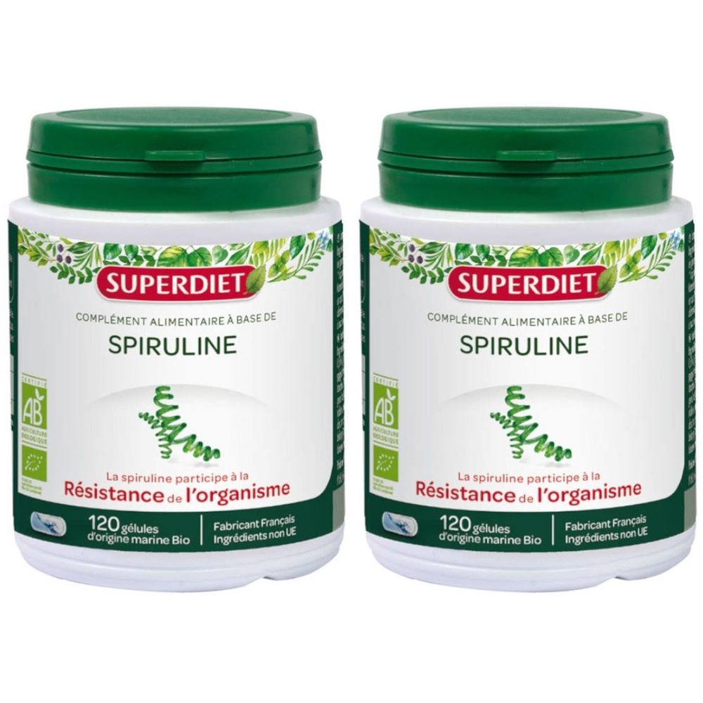 Twee witte potten met groene deksel. Opschrift: Superdiet Spiruline Bio. AB Bio-label. Franse tekst.