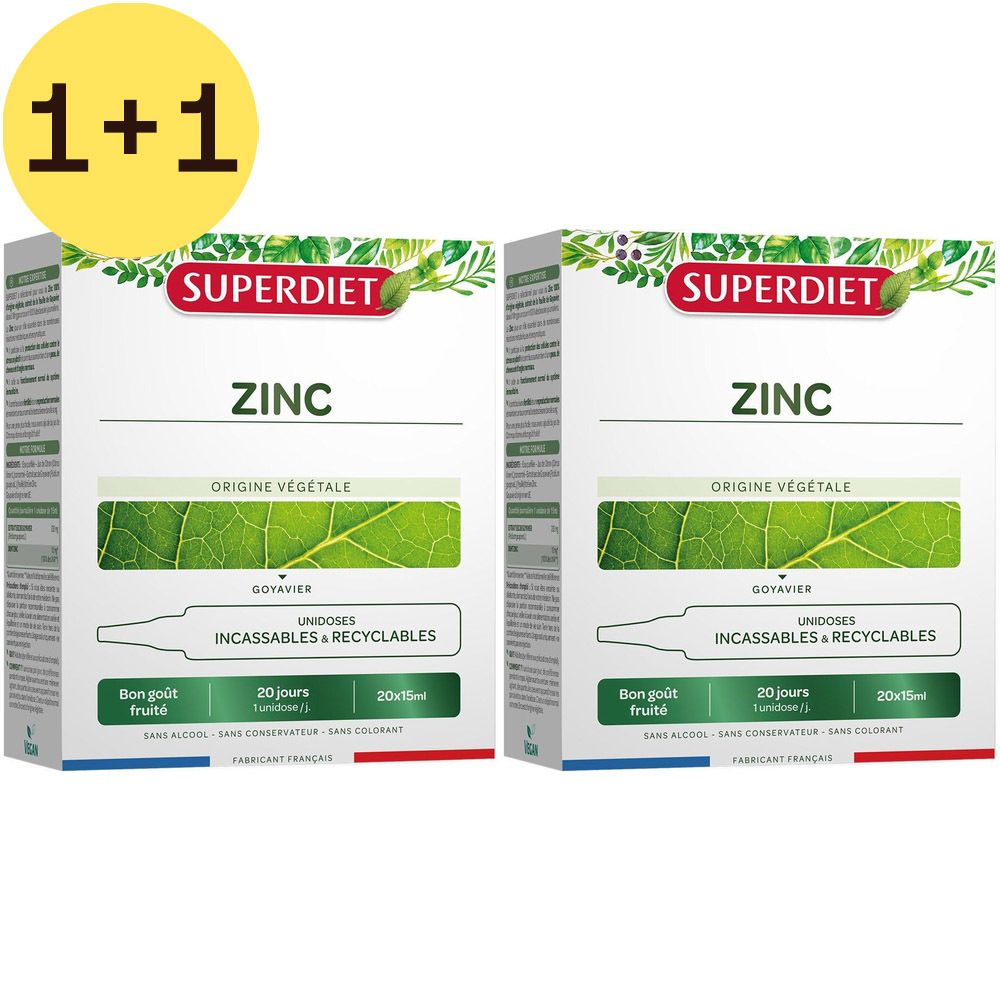 Twee dozen Superdiet Zink voedingssupplementen. Opschrift: ZINC, ORIGINE VEGETALE, UNIDOSES INCASSABLES & RECYCLABLES. Gele cirkel met "1+1".