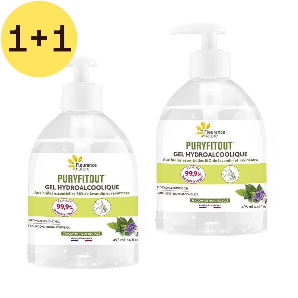 Deux flacons transparents avec pompe. Inscription: PURYFITOUT GEL HYDROALCOOLIQUE. Offre 1+1 GRATUIT.