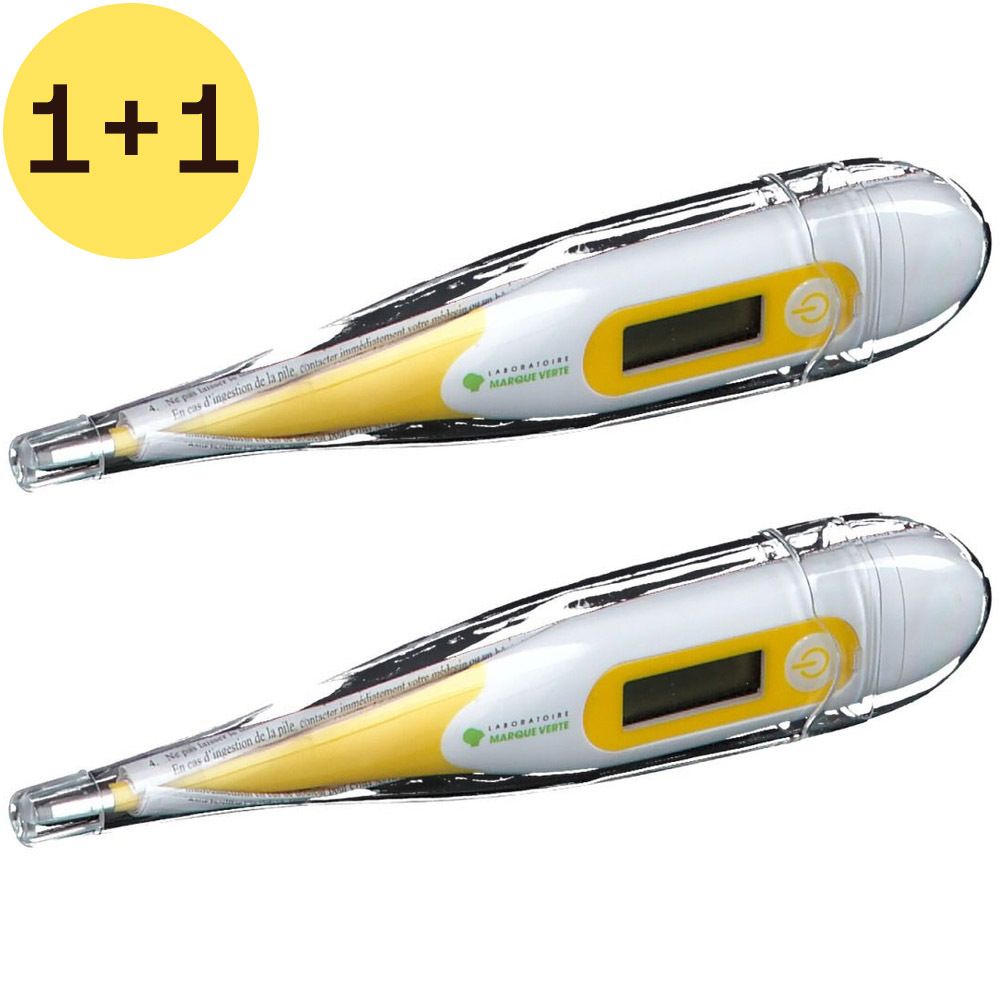 Deux thermomètres numériques, accents jaunes, écran. En étui transparent. Cercle jaune avec inscription 1+1.