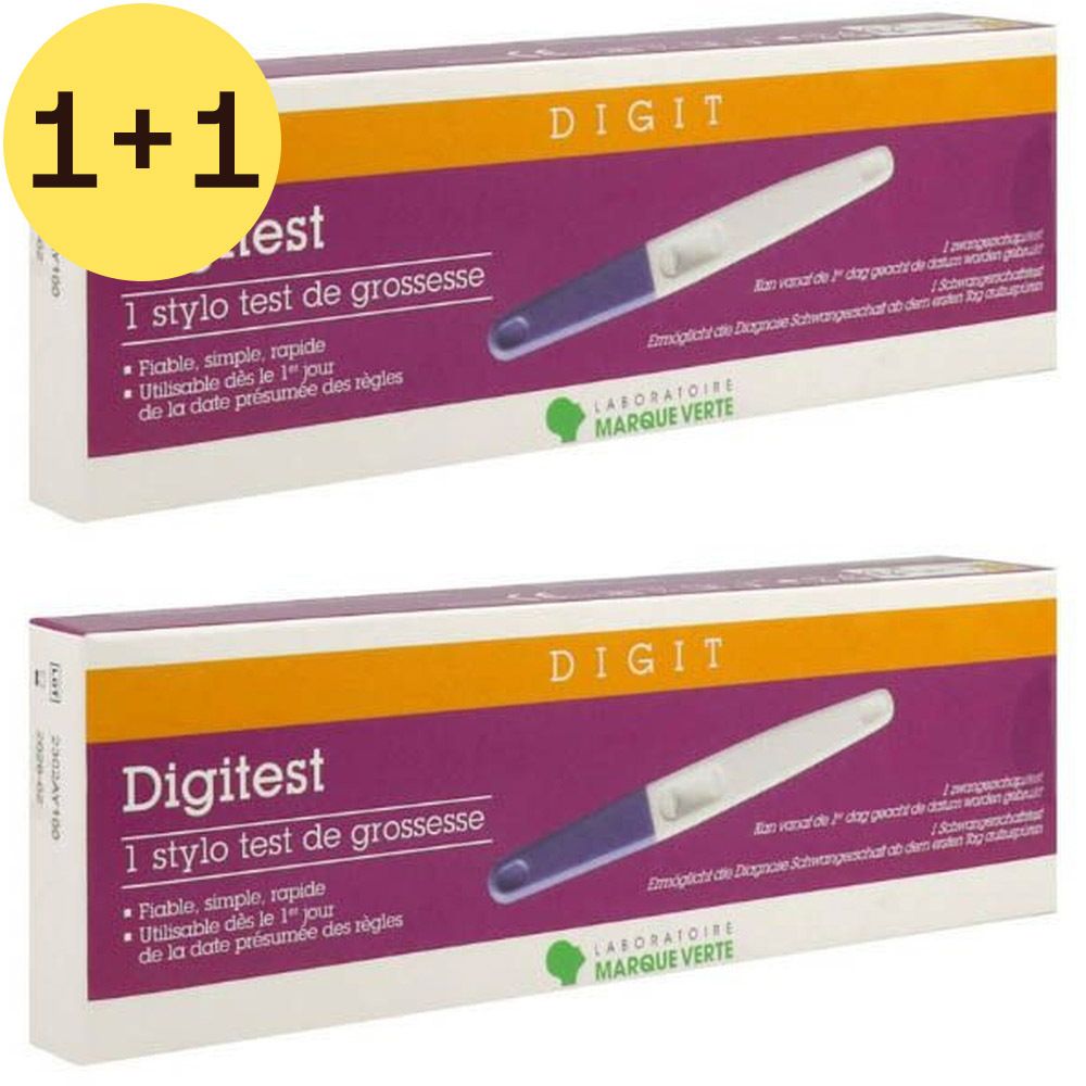 Deux boîtes de test de grossesse Digitest. Inscription : 1+1 gratuit. Stylos violets et blancs sur fond violet.