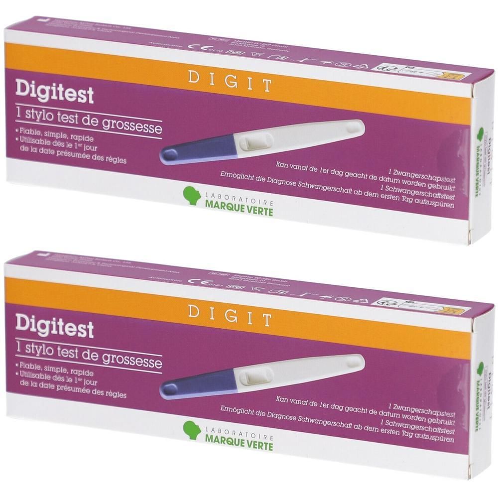 Twee dozen Digitest zwangerschapstest. Paars-witte doos met testpen. Marque Verte logo.