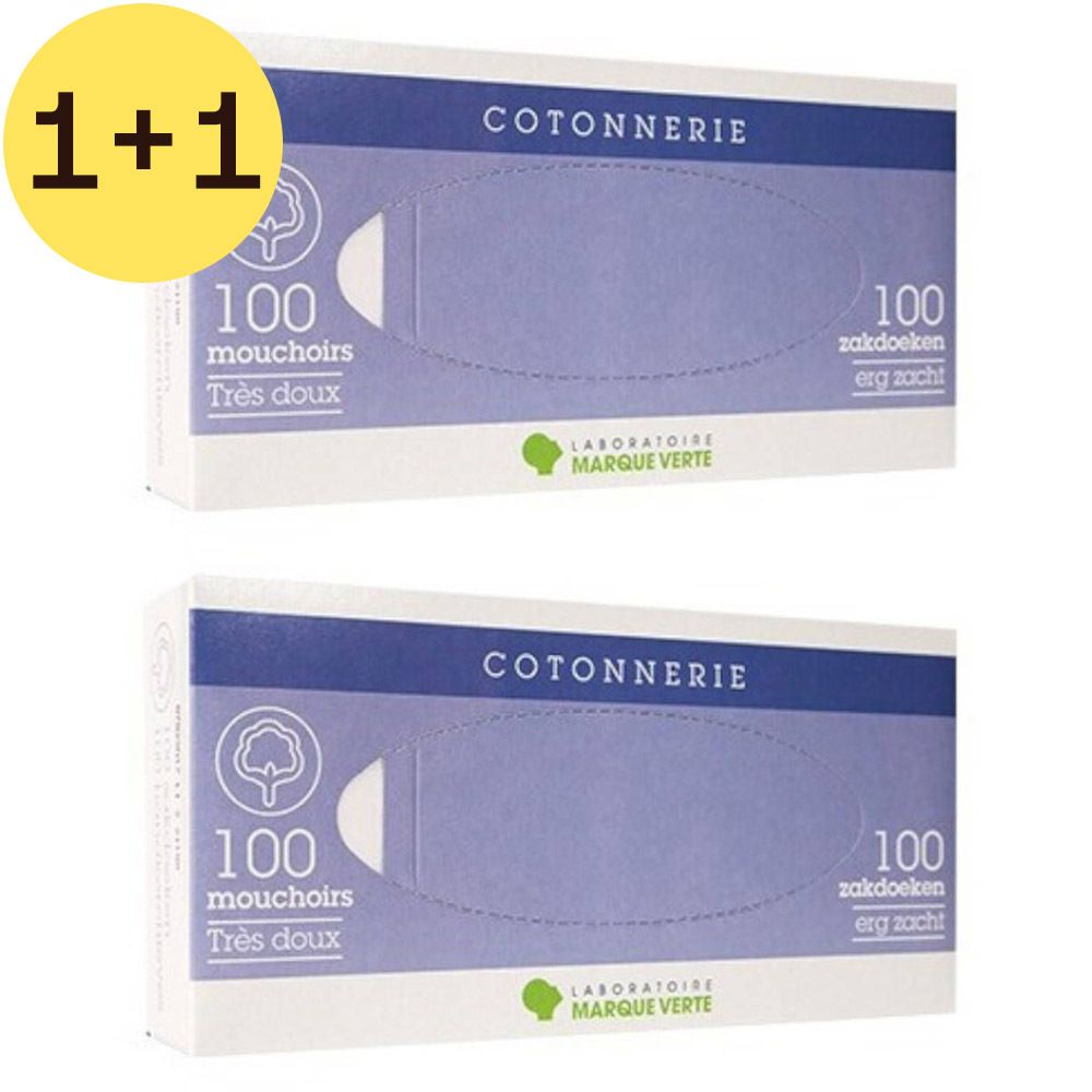Deux boîtes de mouchoirs. Chaque boîte indique "100 mouchoirs" et "Cotonnerie". Le logo "Marque Verte" est visible. Offre 1+1.