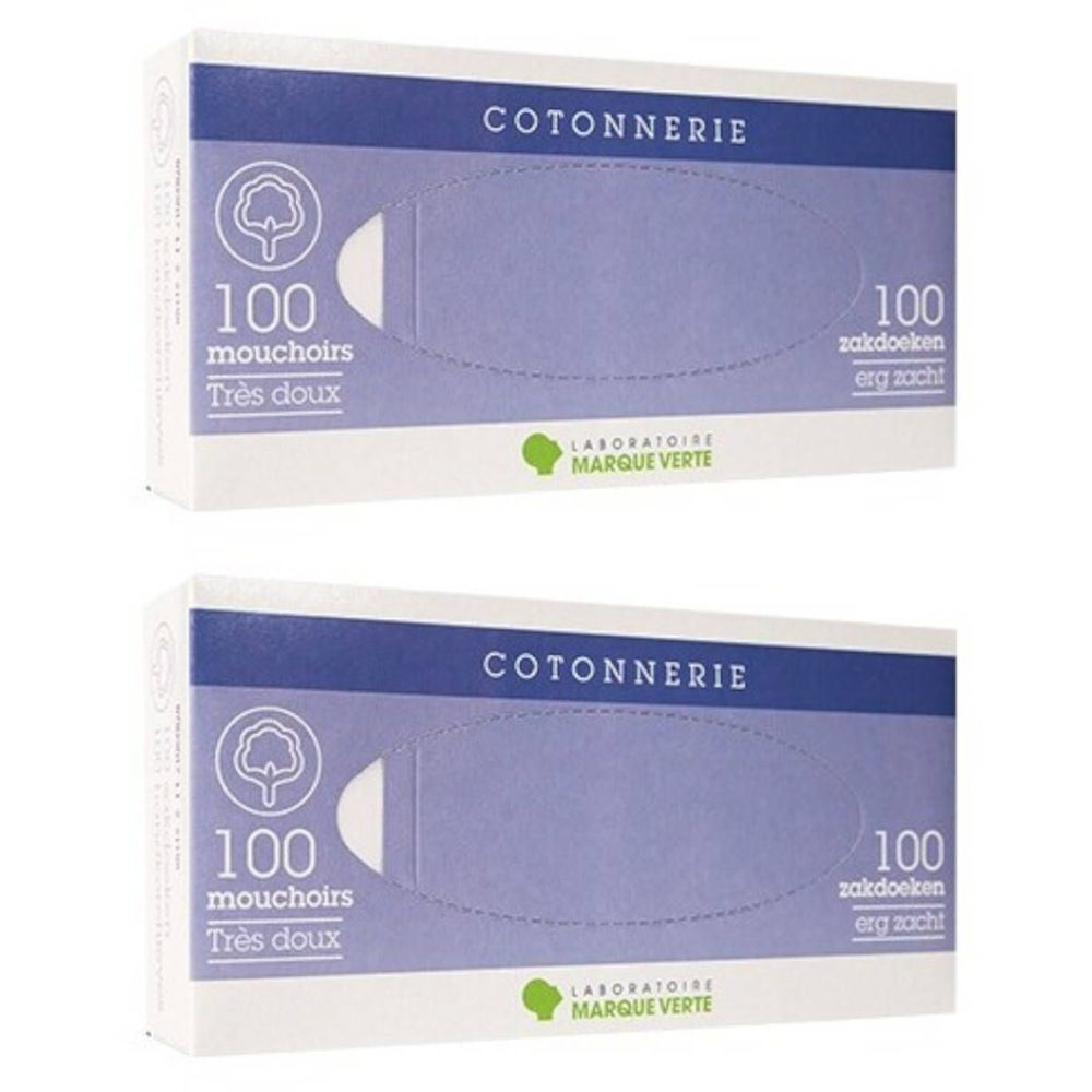 Twee dozen zakdoeken. Opschrift: 100 zakdoeken, erg zacht. Merk: MARQUE VERTE.