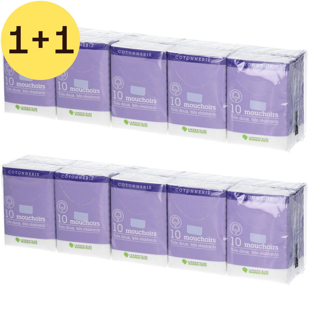 Verpakking met 10 zakdoeken. Paarse verpakking. Opschrift 1+1 gratis. Merk V.