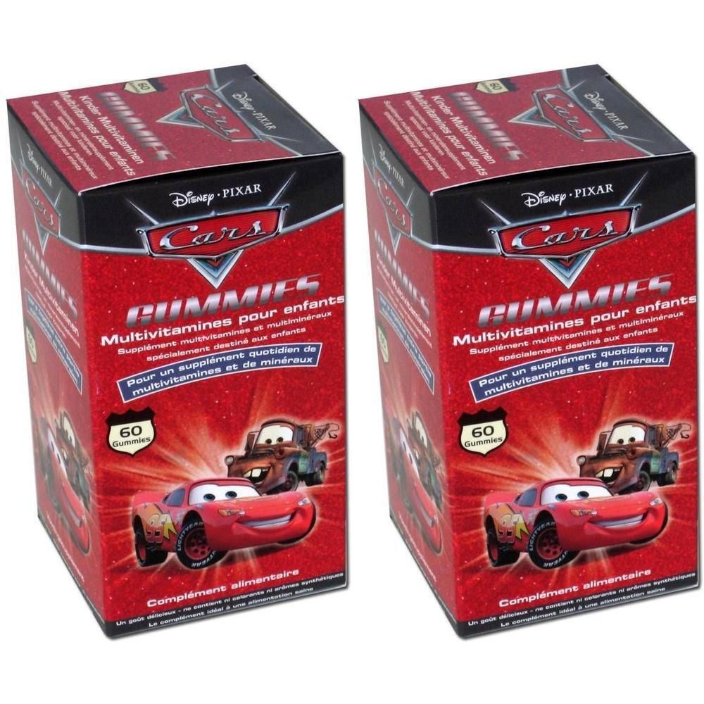 Twee dozen Disney Cars gummies. Rode verpakking met Cars-figuren en tekst. Bevat 60 gummies.