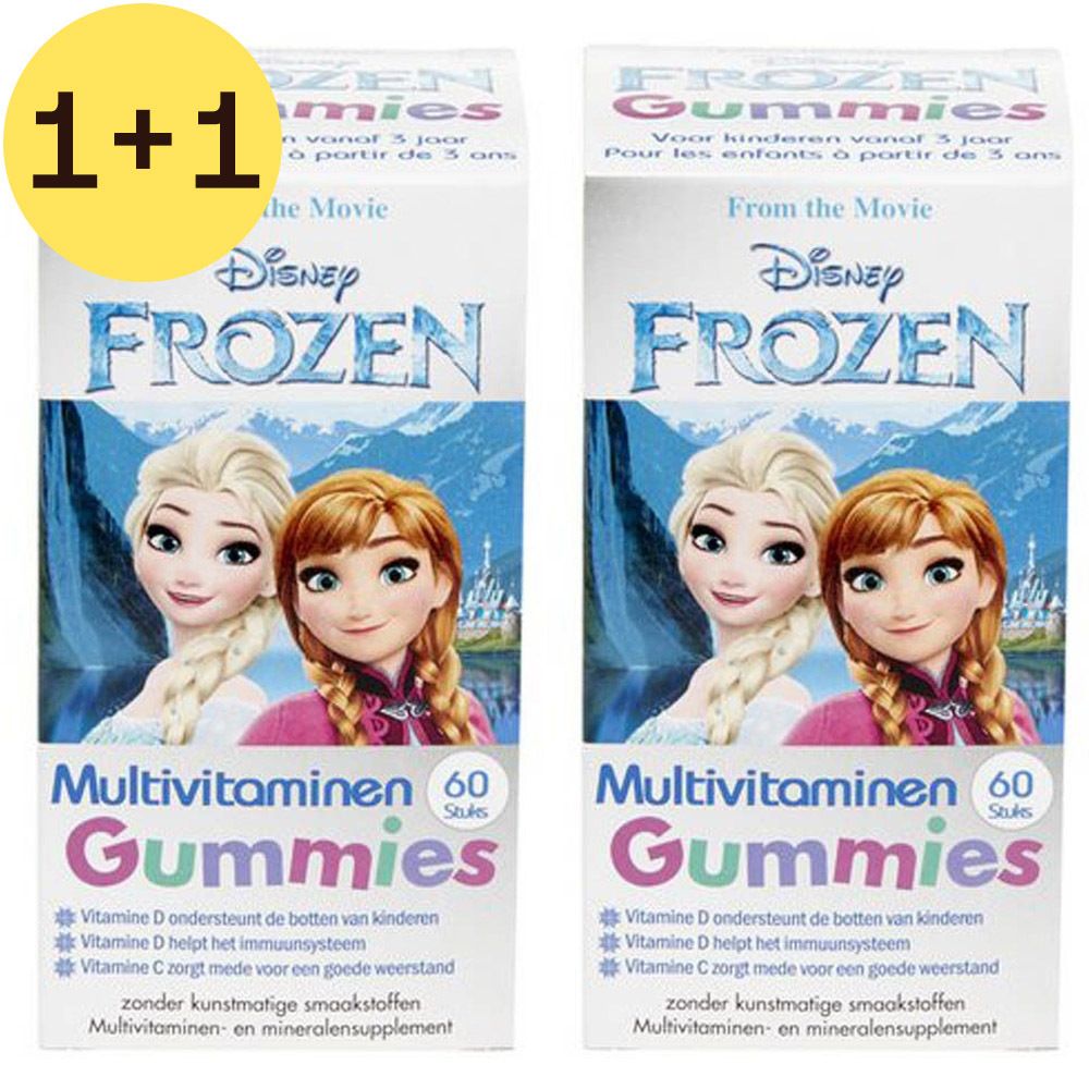 Deux boîtes de Disney Frozen Gummies multivitamines. Inscription : 1+1 gratuit. Contient 60 pièces. Contient vitamines D et C. Pour enfants dès 3 ans.