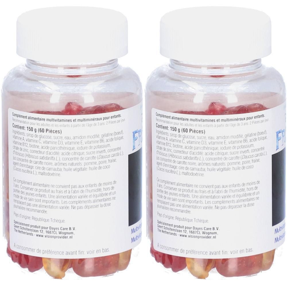 Twee transparante flessen met rode gummies. Labels met meertalige tekst. Witte doppen.