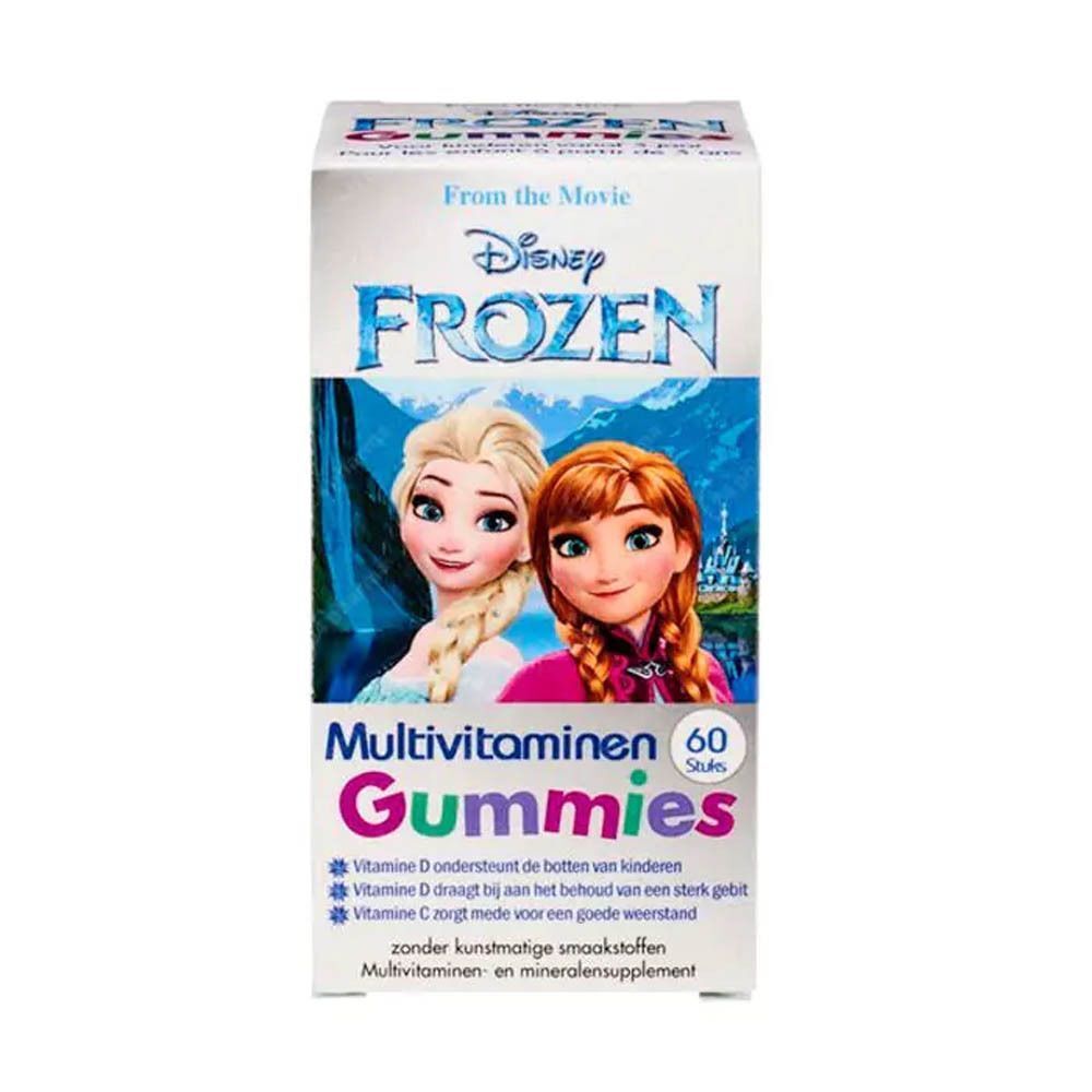 Een doos Disney Frozen Multivitamin Gummies. Afbeeldingen van Elsa en Anna. Tekst in het Nederlands.