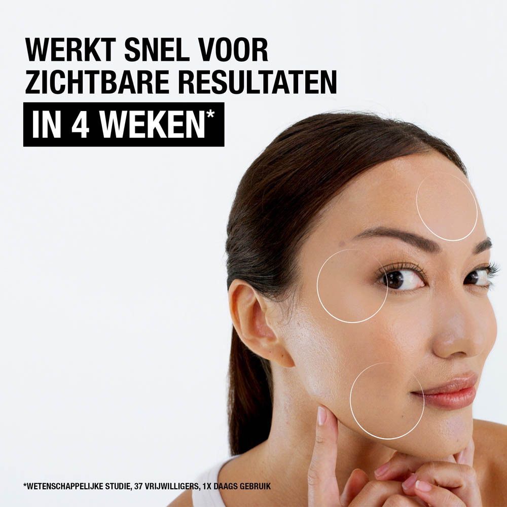 Vrouw met cirkels op gezicht. Tekst: Zichtbare resultaten in 4 weken.