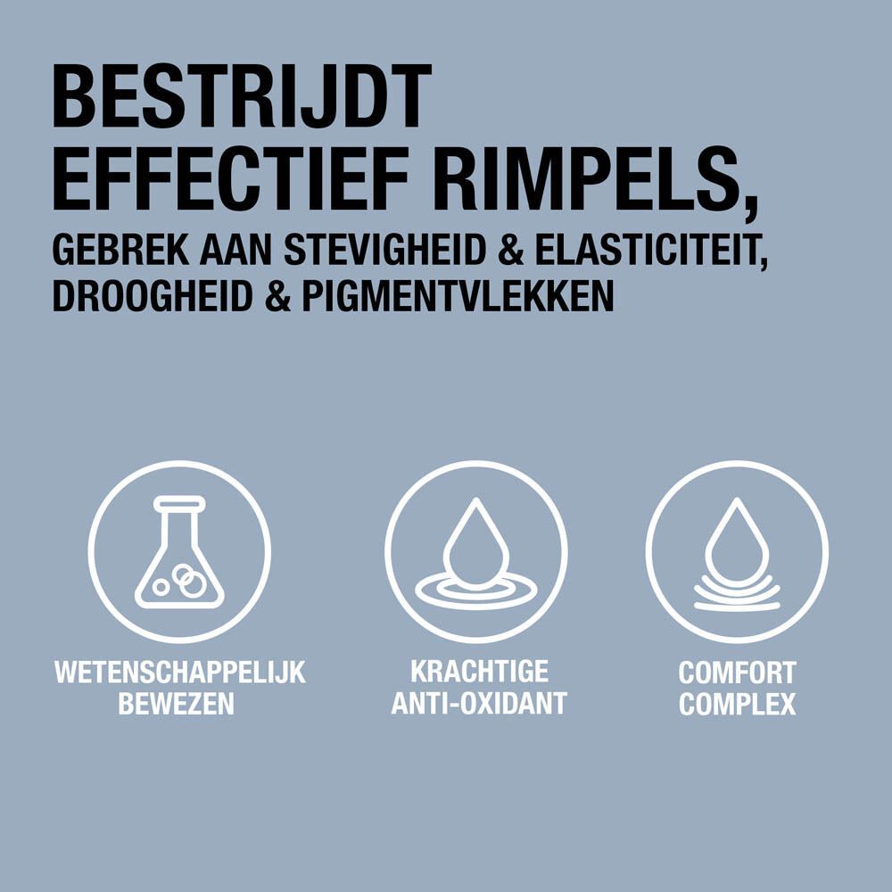 Grafiek met symbolen en tekst: Wetenschappelijk bewezen, Krachtige antioxidant, Comfort complex.