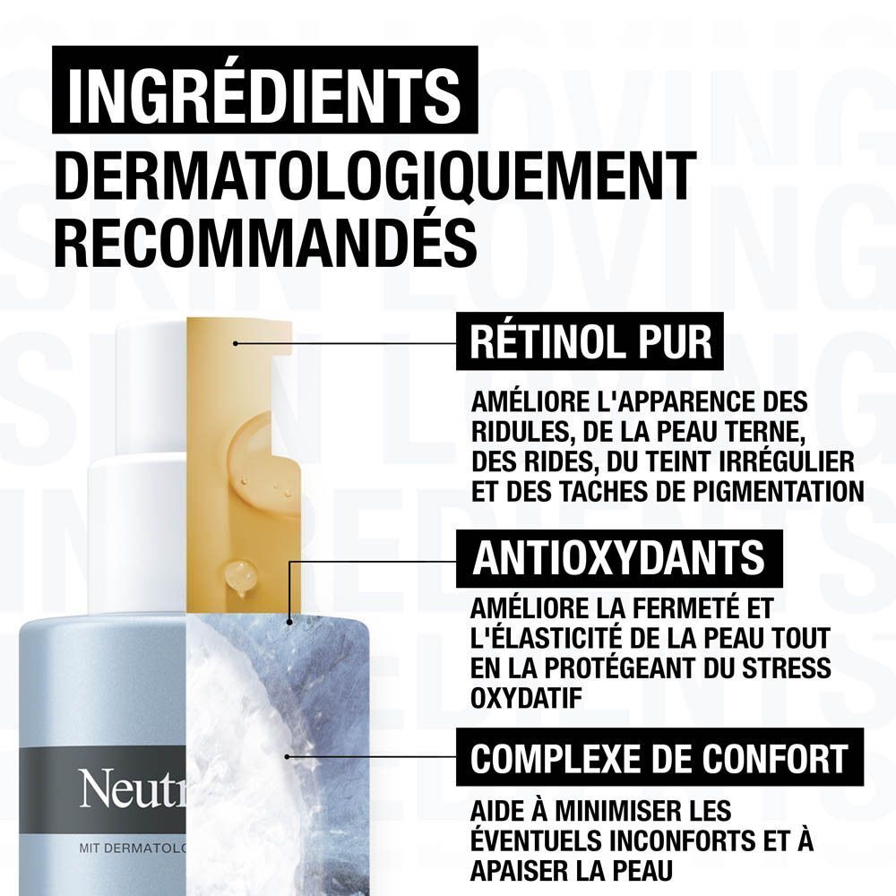 Gros plan des ingrédients de la crème. Texte: Rétinol pur, Antioxydants, Complexe de confort.