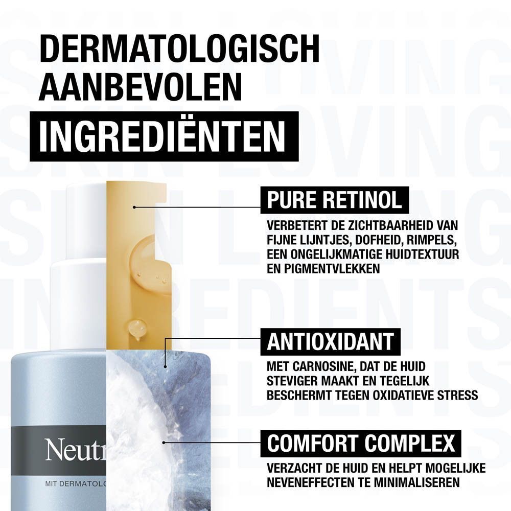 Close-up van crème-ingrediënten. Tekst: Pure Retinol, Antioxidant, Comfort Complex.