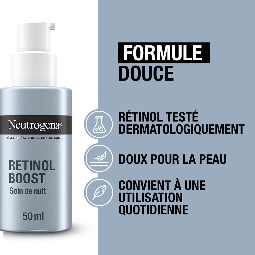 Flacon de produit avec texte: Neutrogena® Retinol Boost Soin de nuit, 50 ml. Texte: Formule douce.