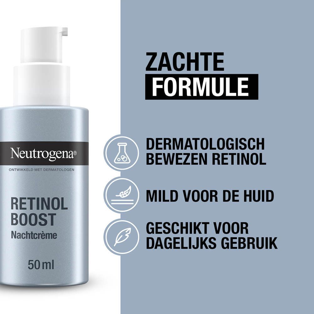 Productfles met tekst: Neutrogena® Retinol Boost Nachtcrème, 50 ml. Tekst: Zachte formule.