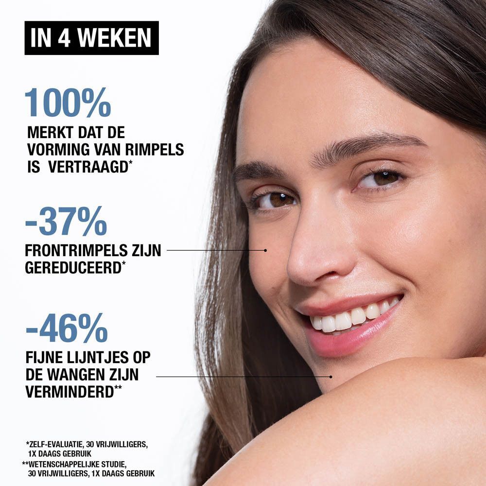 Vrouw met gezicht. Tekst: In 4 weken. 100% merken dat de vorming van rimpels is vertraagd.