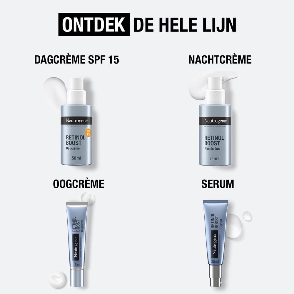Vier producten uit de Neutrogena® Retinol Boost-lijn: Dagcrème SPF 15, Nachtcrème, Serum, Oogcrème.