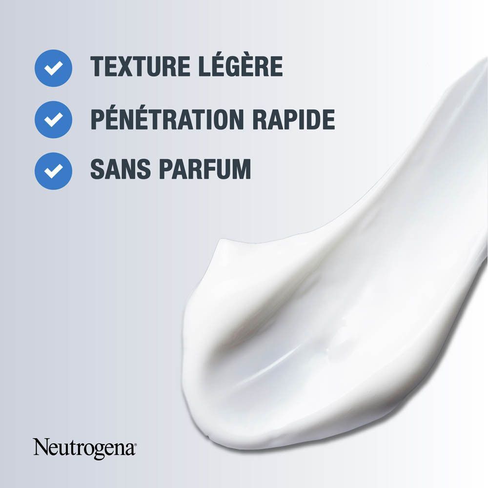 Texture de crème. Texte: Texture légère, Pénétration rapide, Sans parfum. Marque: Neutrogena®.