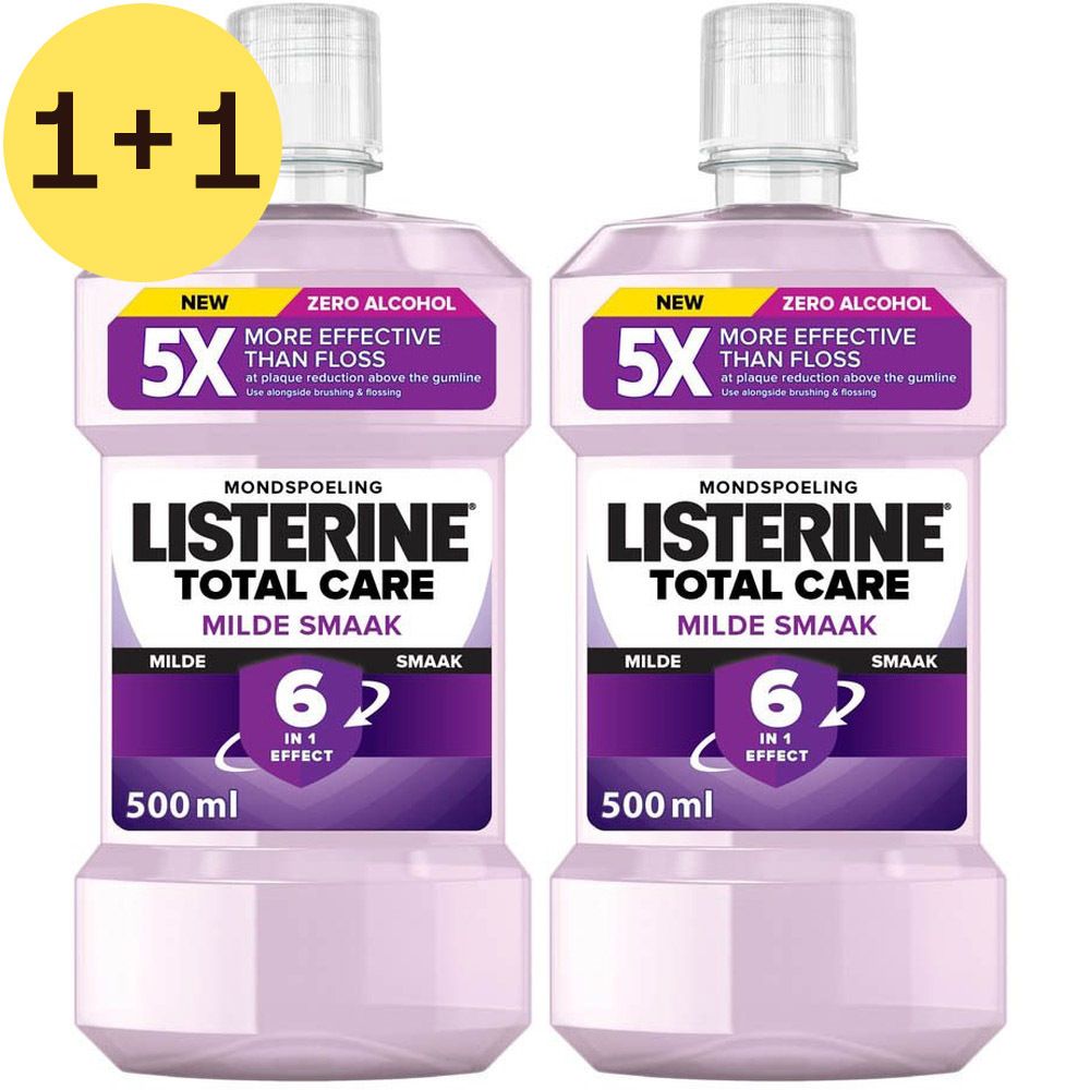Deux flacons de bain de bouche Listerine Total Care, saveur douce. Offre 1+1 gratuit. Contenance 500 ml.
