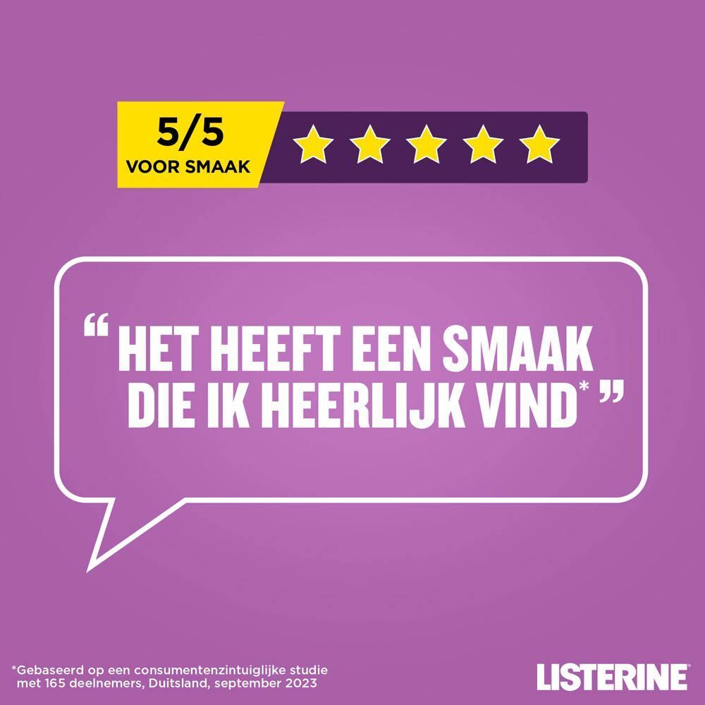 Paarse achtergrond met tekstballon. Tekst: HET HEEFT EEN SMAAK DIE IK HEERLIJK VIND. Sterrenbeoordeling: 5/5 VOOR SMAAK.